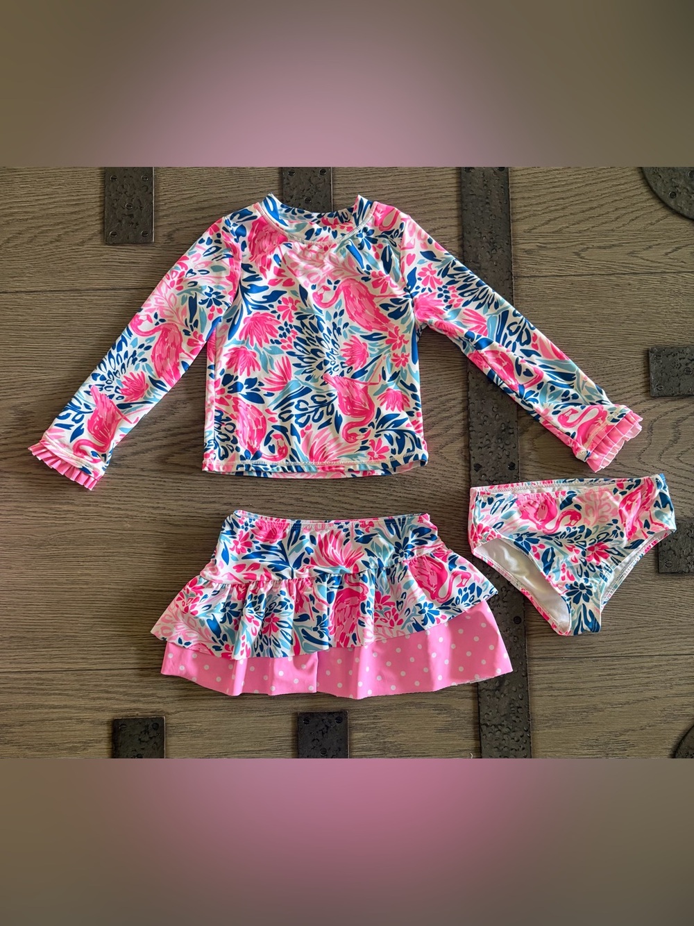 Girls' Pink & Blue Floral Long-Sleeve Swim Set with Ruffle Skirt